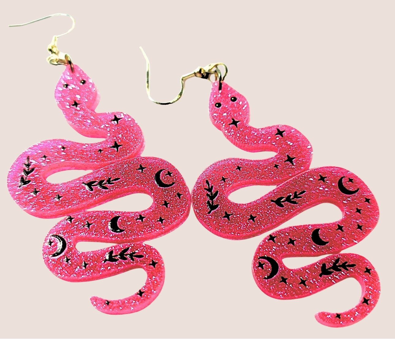 Pink Glitter Snake Earrings • Celestial Witchy Jewelry • Boho Statement Dangle Earrings