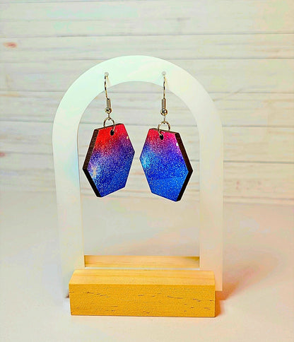 Galaxy Gradient Hexagon Earrings – Cosmic Glitter Statement Dangles