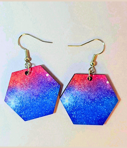 Galaxy Gradient Hexagon Earrings – Cosmic Glitter Statement Dangles