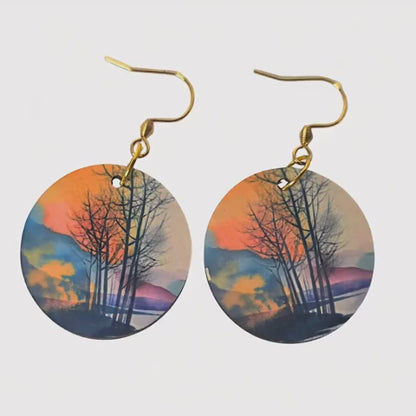 Boho Sunset Tree Silhouette Earrings • Watercolor Nature Jewelry