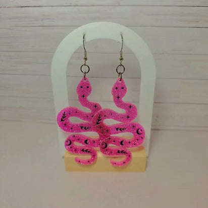 Pink Glitter Snake Earrings • Celestial Witchy Jewelry • Boho Statement Dangle Earrings