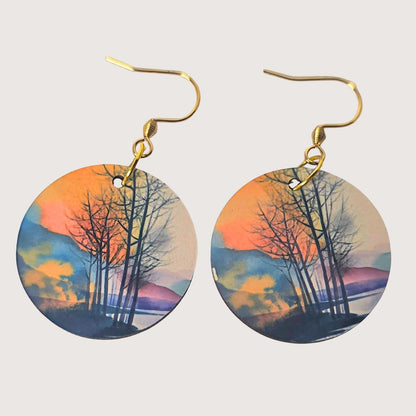 Boho Sunset Tree Silhouette Earrings • Watercolor Nature Jewelry
