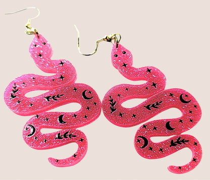 Pink Glitter Snake Earrings • Celestial Witchy Jewelry • Boho Statement Dangle Earrings